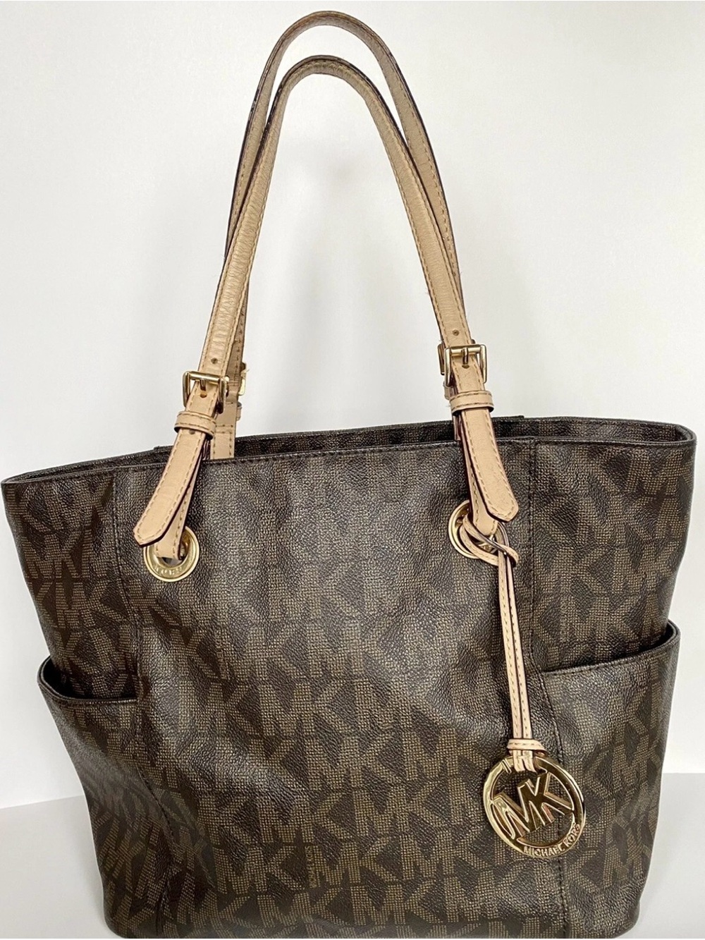 Michael Kors Dark Brown MK Monogram Tote with Beige Straps